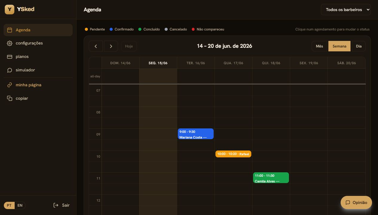 Painel real do YSked com o tema escuro e dourado para barbearias