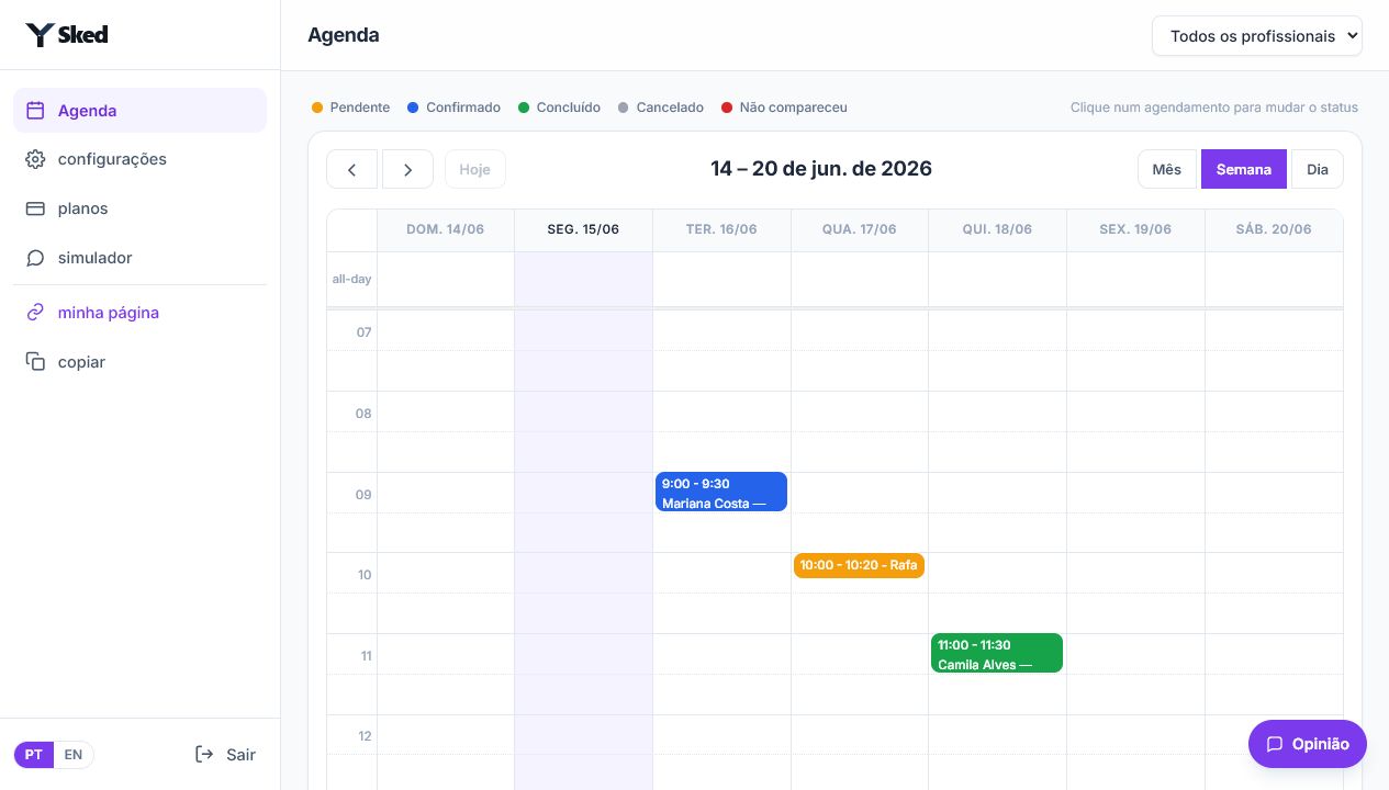 Painel real do YSked mostrando a agenda semanal, profissionais e status dos agendamentos